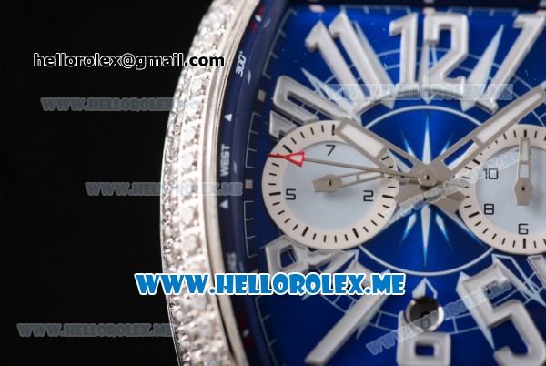 Franck Muller Vanguard Miyota OS20 Quartz Steel Case with Blue Dial Blue Leather Strap Arabic Numeral Markers and Diamonds Bezel - Click Image to Close